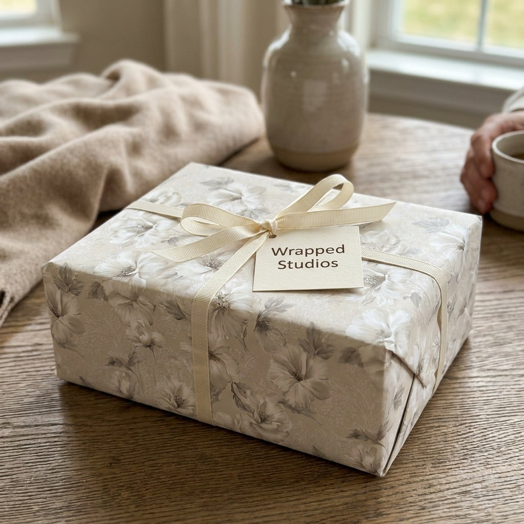 Vintage floral wrapping paper in neutral cream with a matching ribbon, luxury gift wrap by Wrapped Studios.