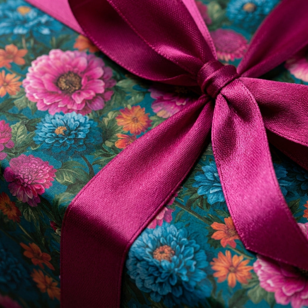 Teal floral wrapping paper with magenta satin ribbon, luxury birthday gift wrap by Wrapped Studios.