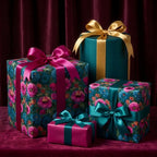 Luxury floral wrapping paper in teal and magenta on elegant gift boxes with satin bows by Wrapped Studios.