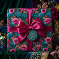 Elegant vintage floral wrapping paper with a magenta satin bow and gift tag by Wrapped Studios.