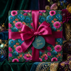 Elegant vintage floral wrapping paper with a magenta satin bow and gift tag by Wrapped Studios.