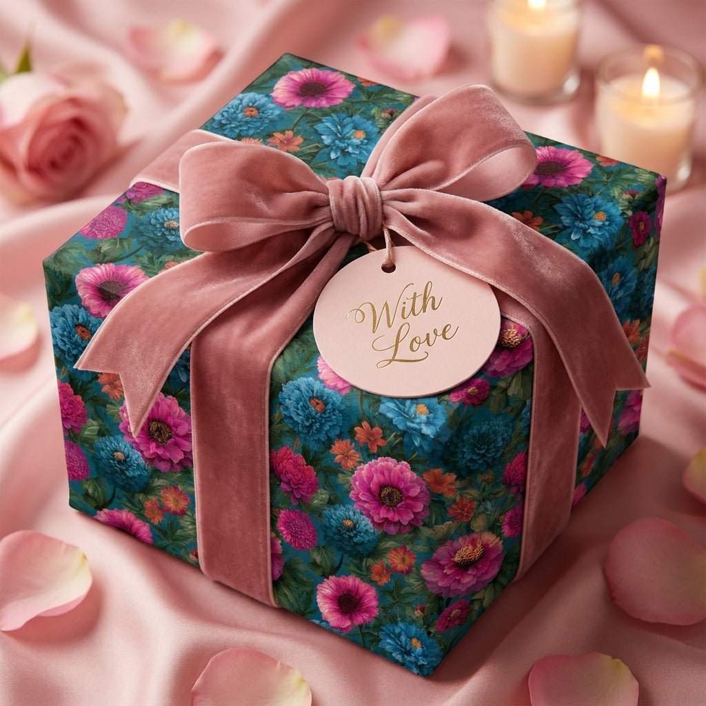 Luxury floral wrapping paper with a pink velvet bow and gift tag by Wrapped Studios.