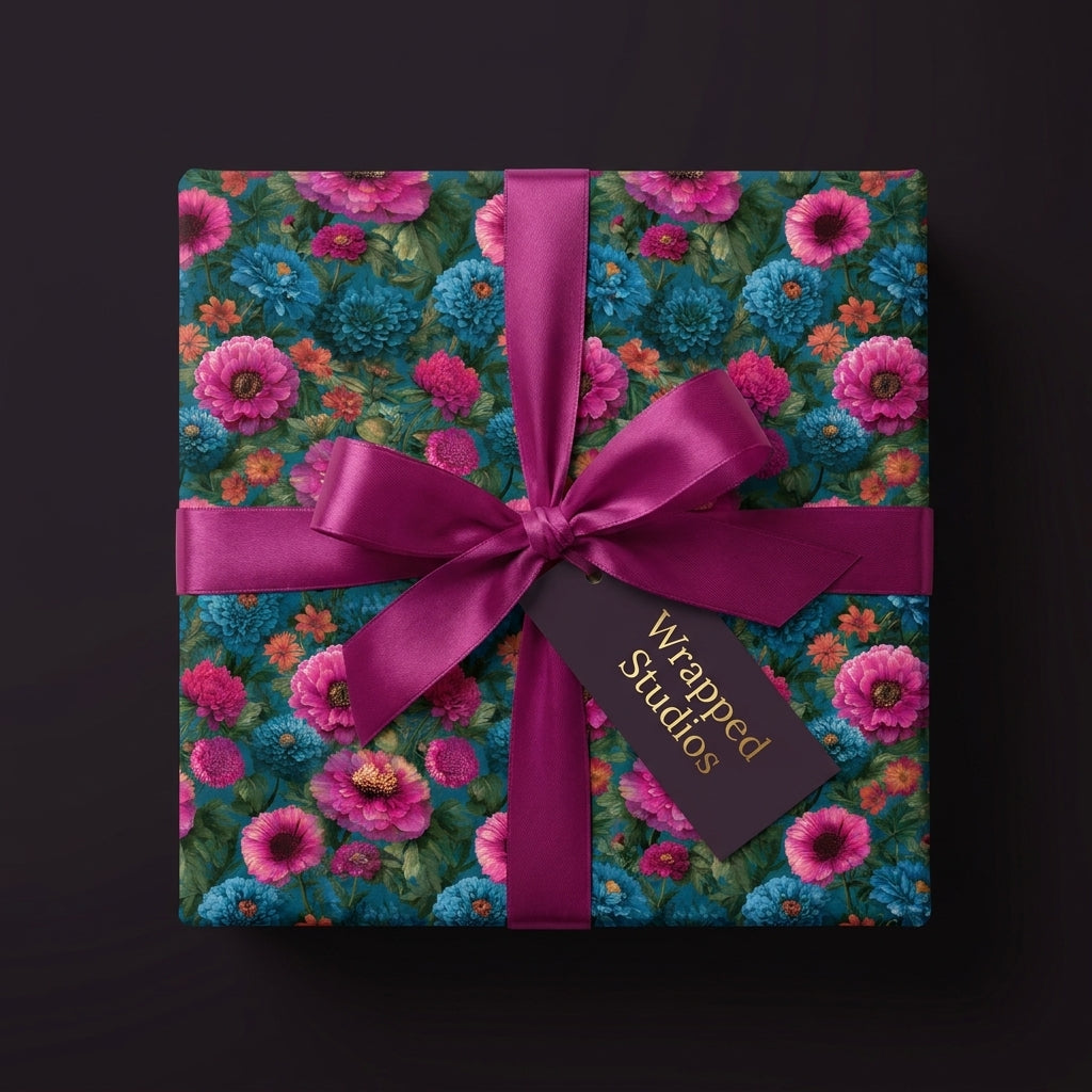 Luxury floral wrapping paper with pink and teal flowers and a magenta satin bow by Wrapped Studios.