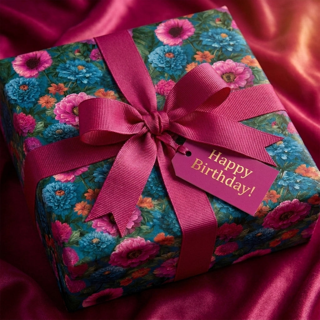 Teal floral birthday wrapping paper with luxury magenta ribbon and tag by Wrapped Studios.