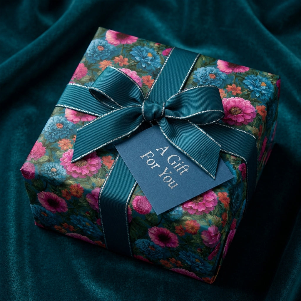 Luxury teal floral wrapping paper with a matching bow and gift tag by Wrapped Studios.