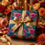Luxury teal and pink botanical floral wrapping paper with a gold bow by Wrapped Studios.
