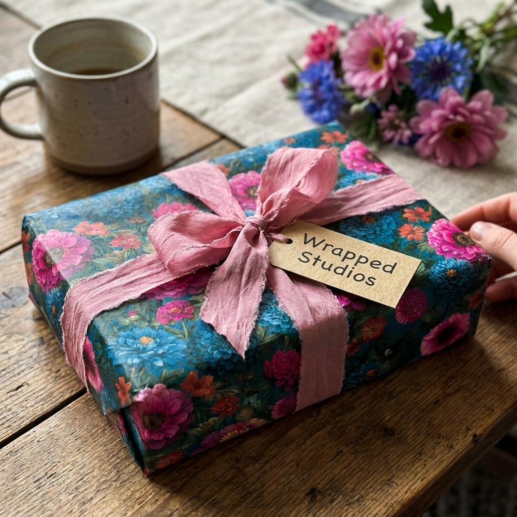 Elegant botanical floral wrapping paper with a pink ribbon and gift tag from Wrapped Studios.