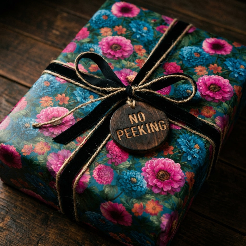 Vintage floral wrapping paper with pink and blue flowers, black velvet ribbon, and wooden tag by Wrapped Studios.