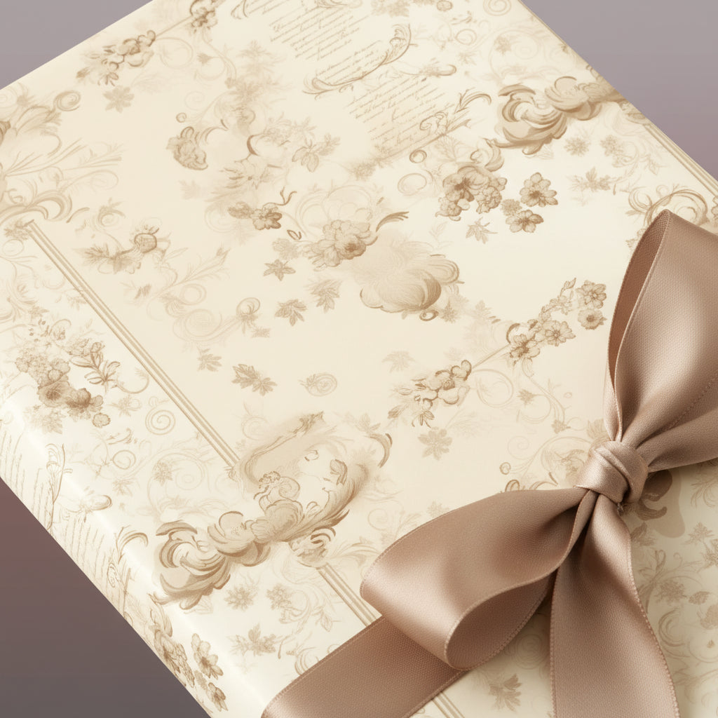 Elegant gift box wrapped in vintage-style floral wrapping paper with a satin champagne-colored ribbon.