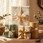 Elegant gifts wrapped in vintage floral wrapping paper with satin bows on a wooden table.