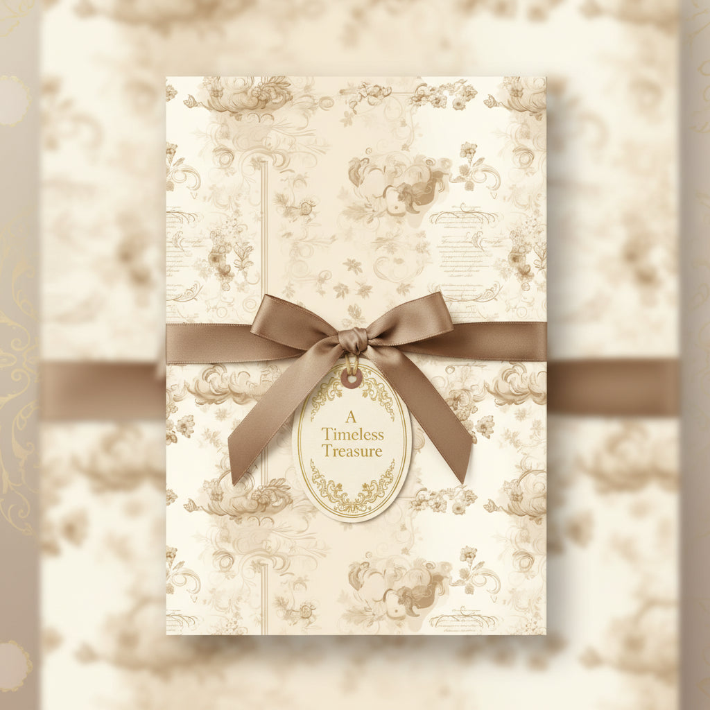 Elegant floral wrapping paper in neutral tones with a brown satin ribbon and tag, ideal for luxury gift wrap.