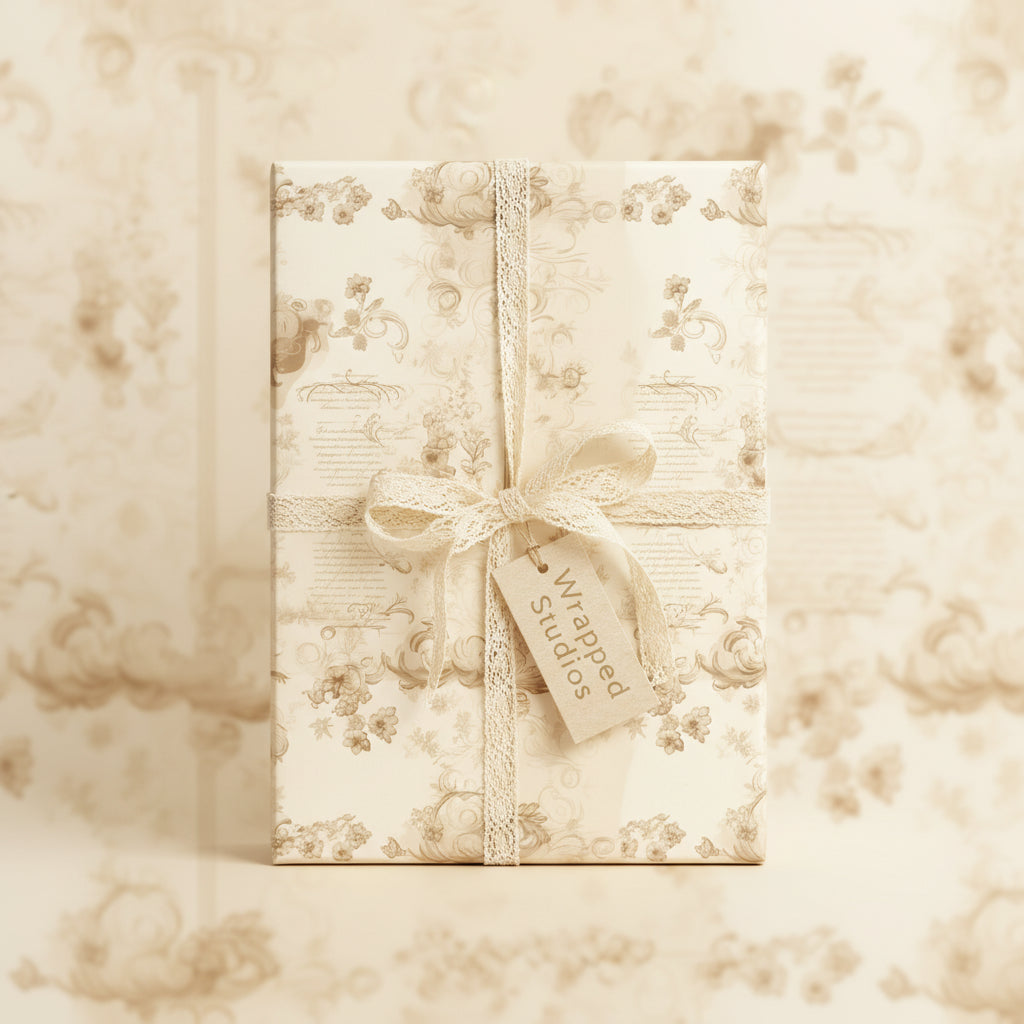 Elegant, vintage-style floral wrapping paper with lace ribbon on a rectangular gift box.