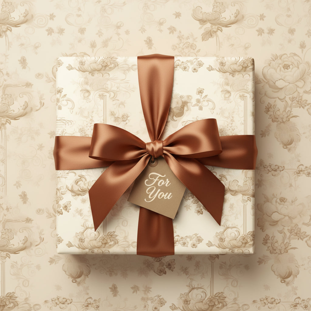 Elegant floral wrapping paper on a gift box with a brown satin ribbon bow and "For You" tag.