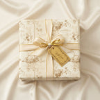 Elegant floral wrapping paper on a square gift box with a gold ribbon and "With Love" tag.