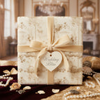 Elegant gift wrapped in floral wedding wrapping paper with a cream velvet ribbon and "Wedding Bliss" tag.