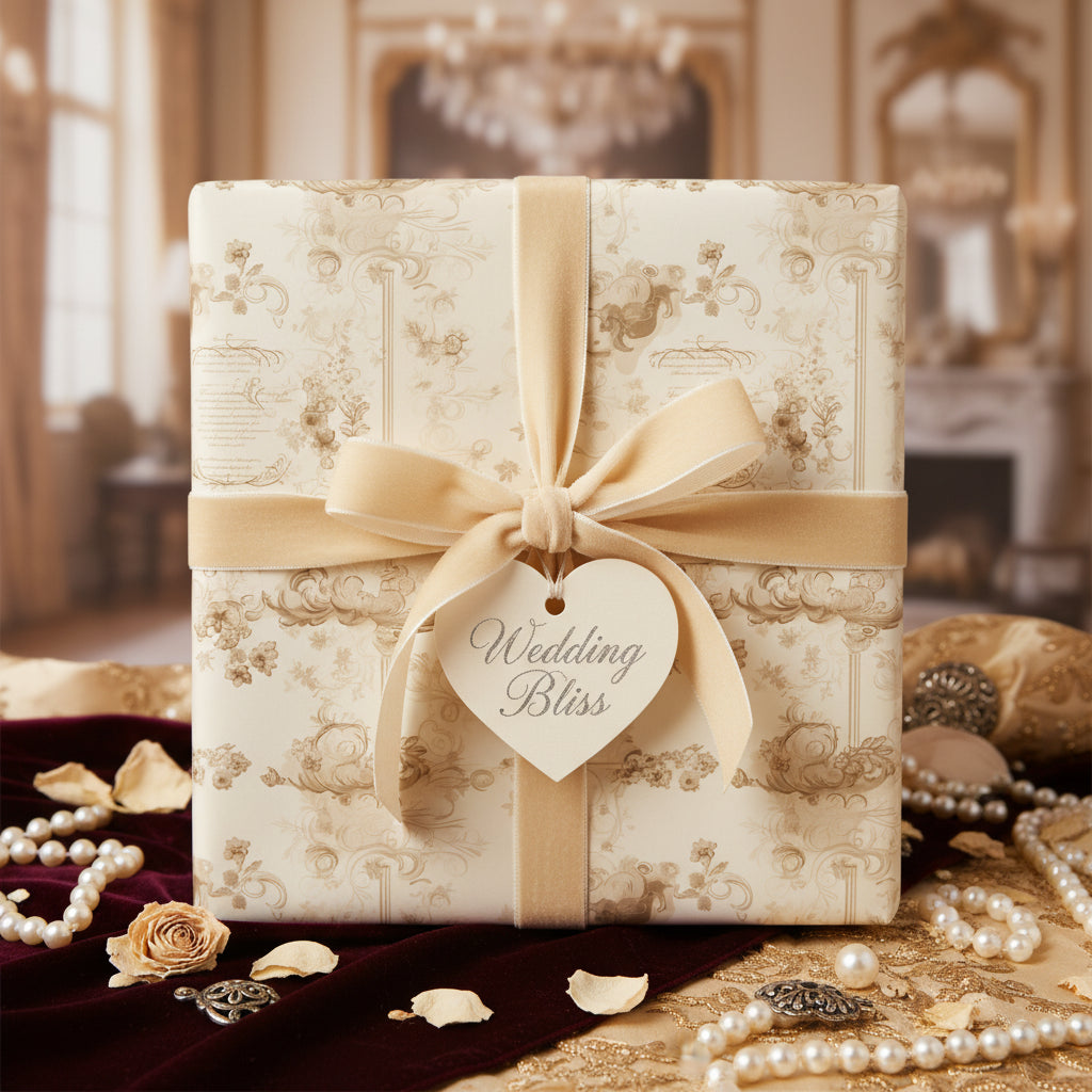 Elegant gift wrapped in floral wedding wrapping paper with a cream velvet ribbon and "Wedding Bliss" tag.