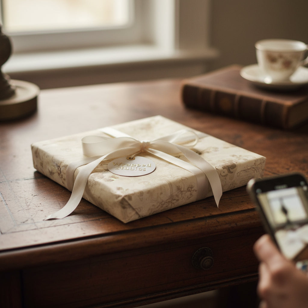 Elegant square gift wrapped in vintage floral wrapping paper with ivory ribbon.