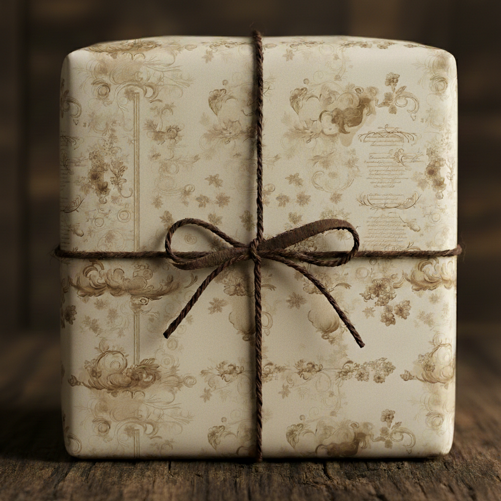 Elegant gift wrapped in vintage floral wrapping paper with rustic twine bow.