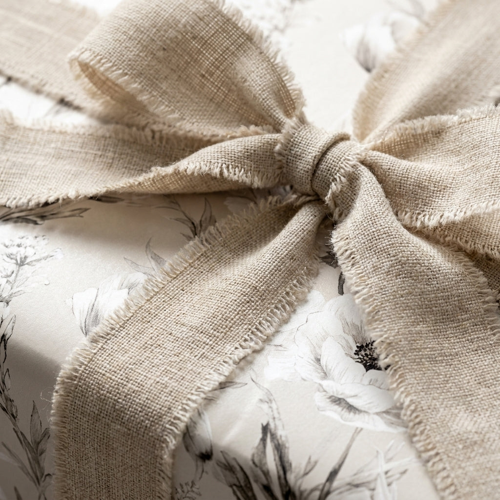 Vintage floral wrapping paper with a rustic frayed linen bow on a luxury gift box by Wrapped Studios.