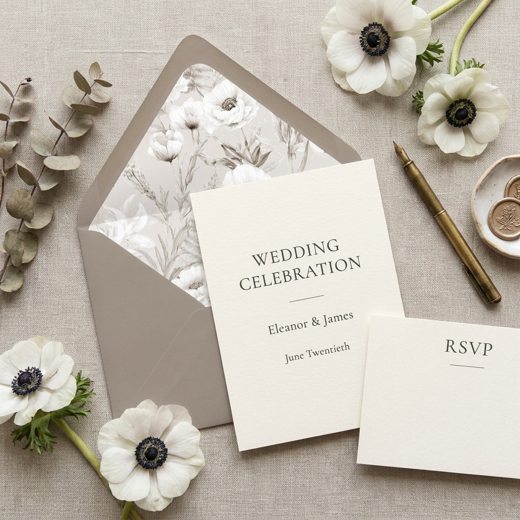 Elegant wedding invitation and floral envelope liner with white anemones by Wrapped Studios.