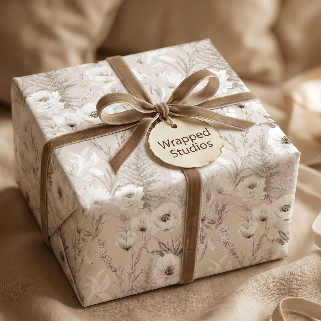 Luxury floral wrapping paper in neutral beige with a brown velvet ribbon by Wrapped Studios.