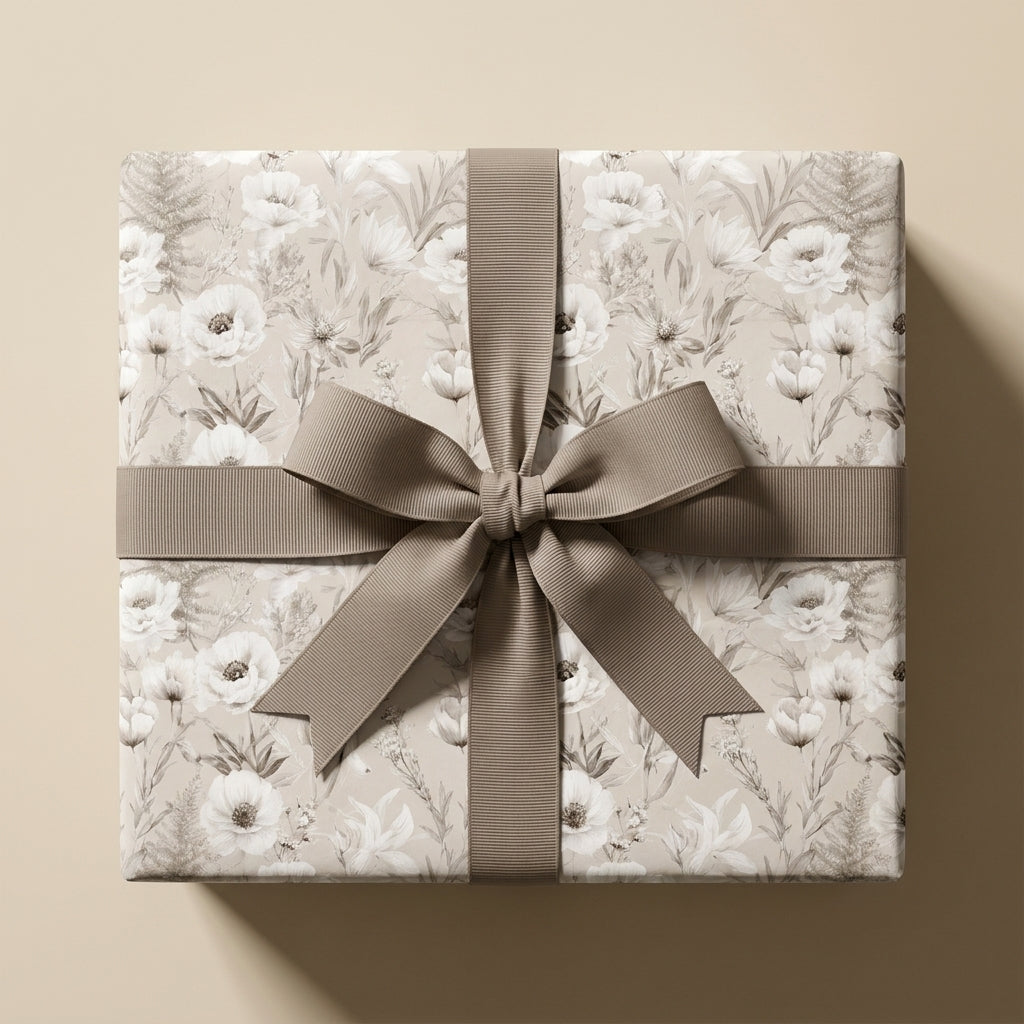 Vintage floral wrapping paper in neutral beige with a taupe ribbon bow by Wrapped Studios.
