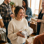 Woman holding a gift in grey floral wrapping paper with a yarn bow by Wrapped Studios.