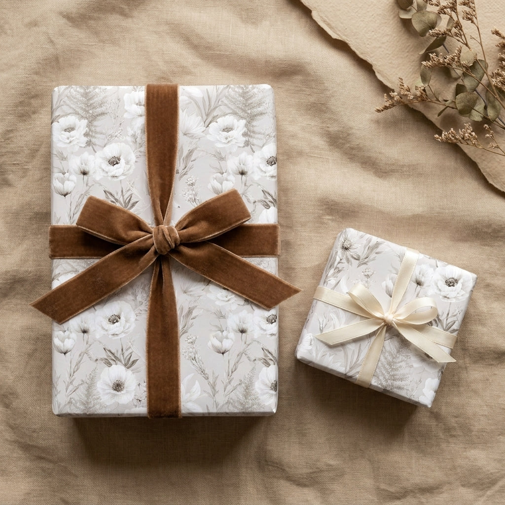 Luxury vintage floral wrapping paper by Wrapped Studios on gifts with a brown velvet ribbon.