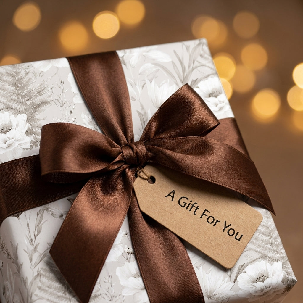Vintage floral wrapping paper with a brown satin bow and gift tag, luxury gift wrap by Wrapped Studios.