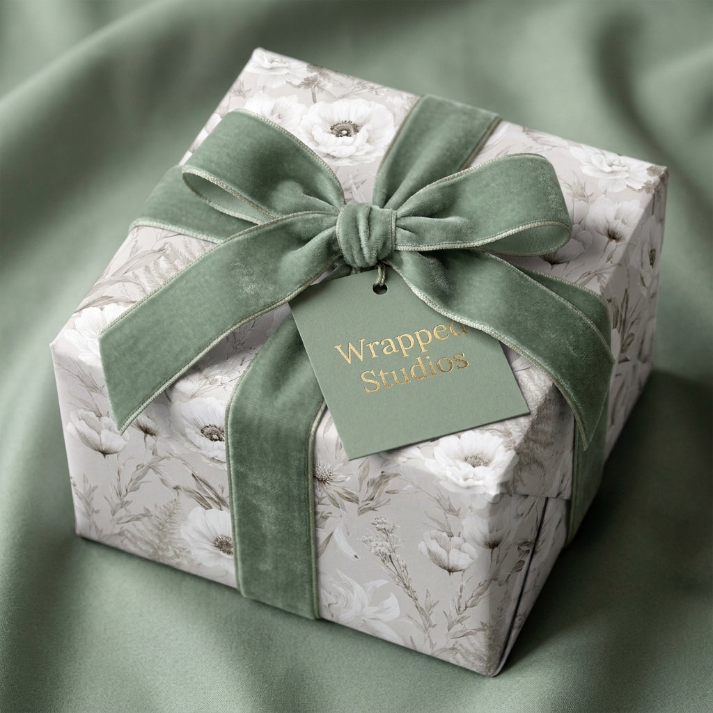 Luxury floral wrapping paper with a sage green velvet ribbon and Wrapped Studios gift tag.