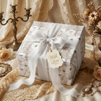 Elegant vintage floral wrapping paper with a white silk ribbon on a wedding gift by Wrapped Studios.