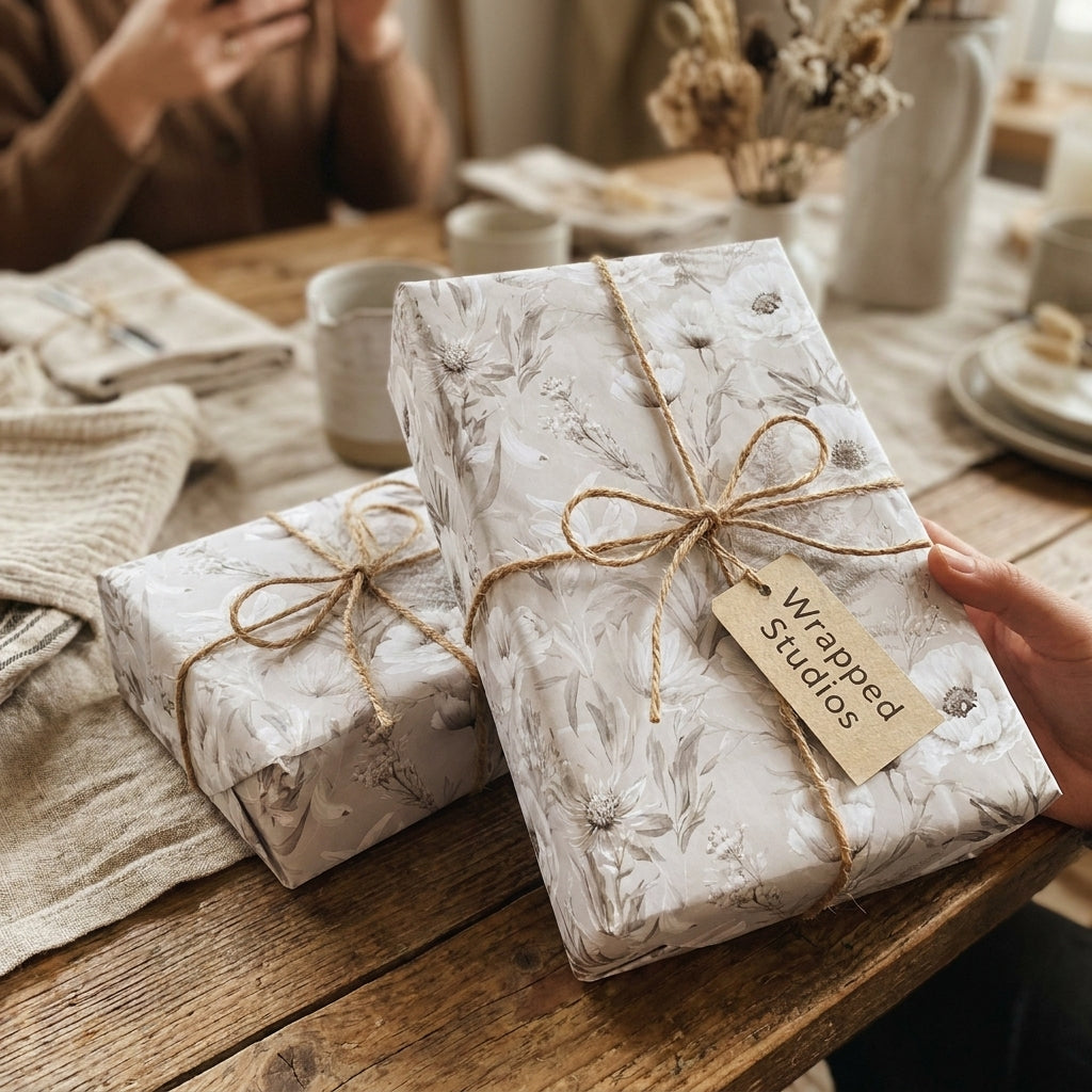 Vintage floral wrapping paper by Wrapped Studios on rustic beige gift boxes tied with twine.