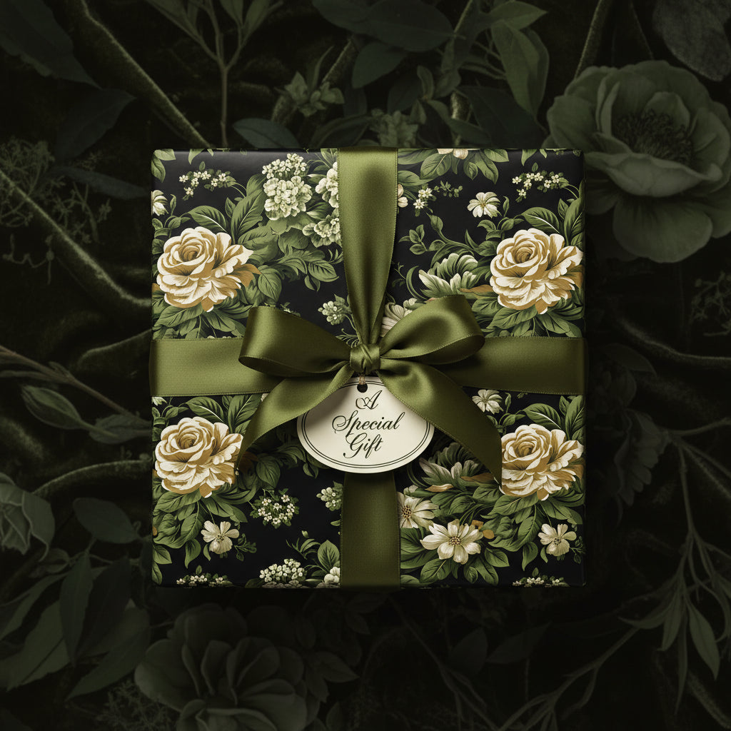 Elegant floral wrapping paper with olive ribbon. Perfect luxury gift wrap for any occasion.