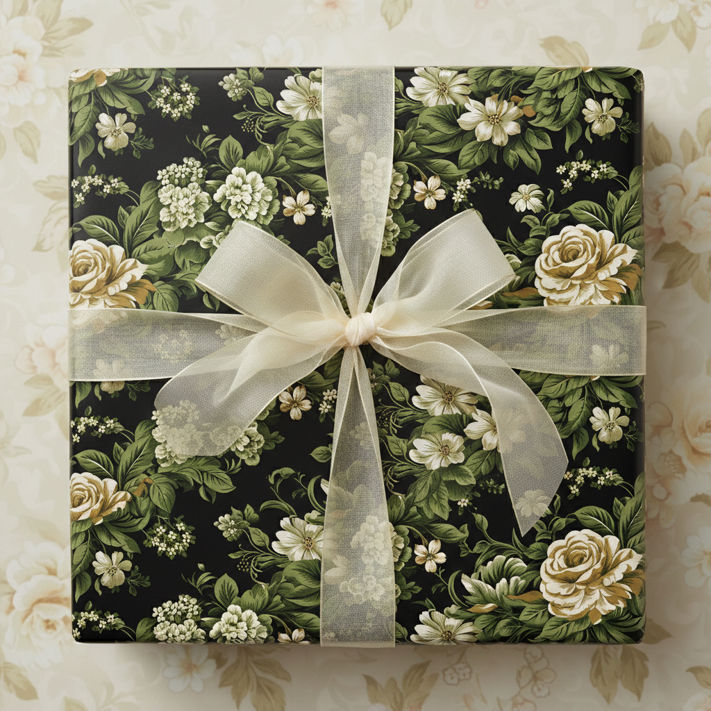 Elegant floral wrapping paper in black, gold, and green with sheer ribbon bow.