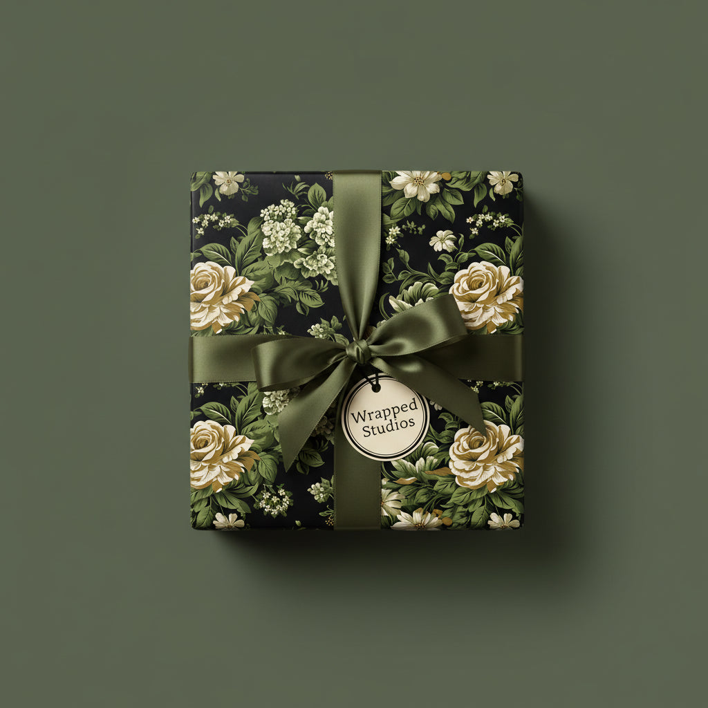 Wrapped Studios floral wrapping paper featuring sage ribbon and gold roses.