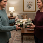 Elegant floral wrapping paper with ivory satin ribbon, exchanged between friends in home setting.