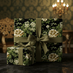 Elegant floral wrapping paper with rose and hydrangea pattern, tied with olive ribbon.