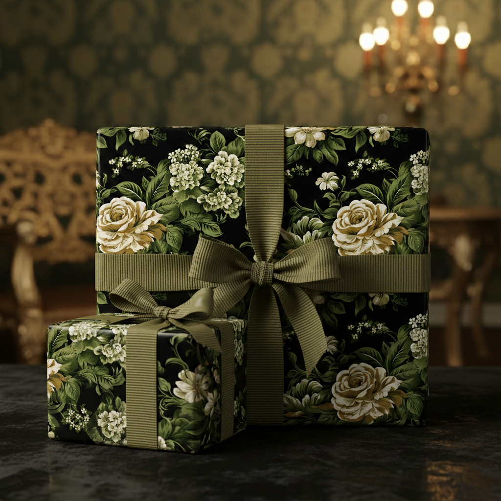 Elegant floral wrapping paper with rose and hydrangea pattern, tied with olive ribbon.