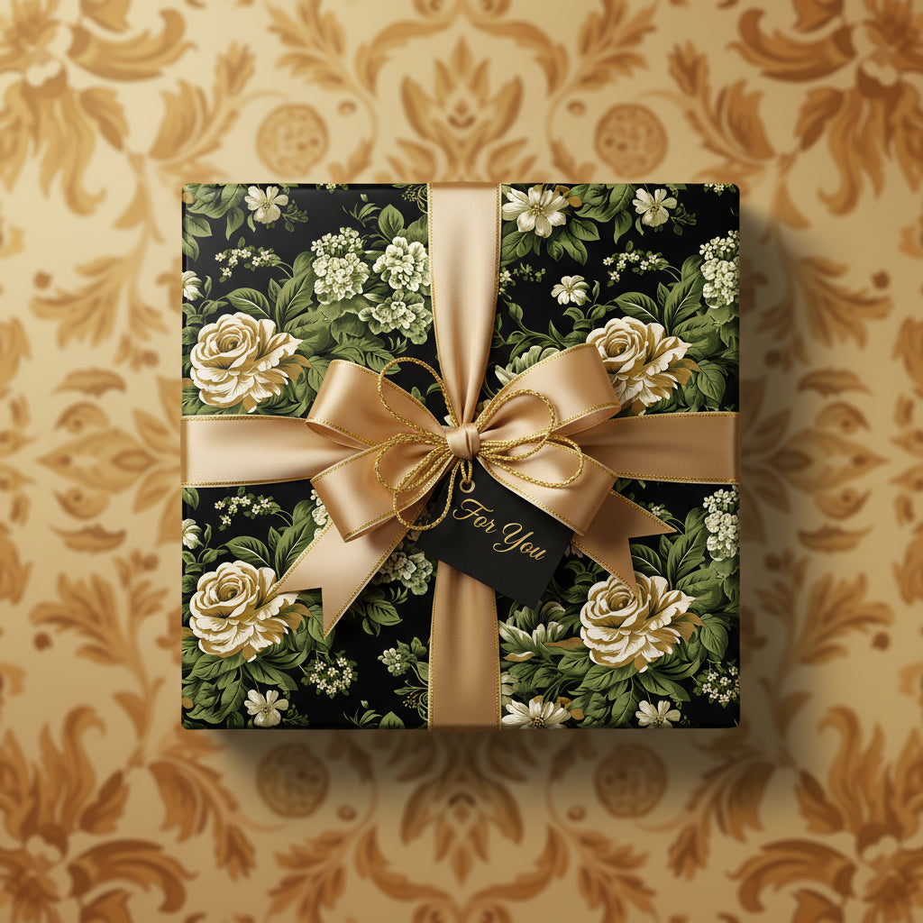 Elegant floral wrapping paper on a gift box with a gold ribbon and "For You" tag.
