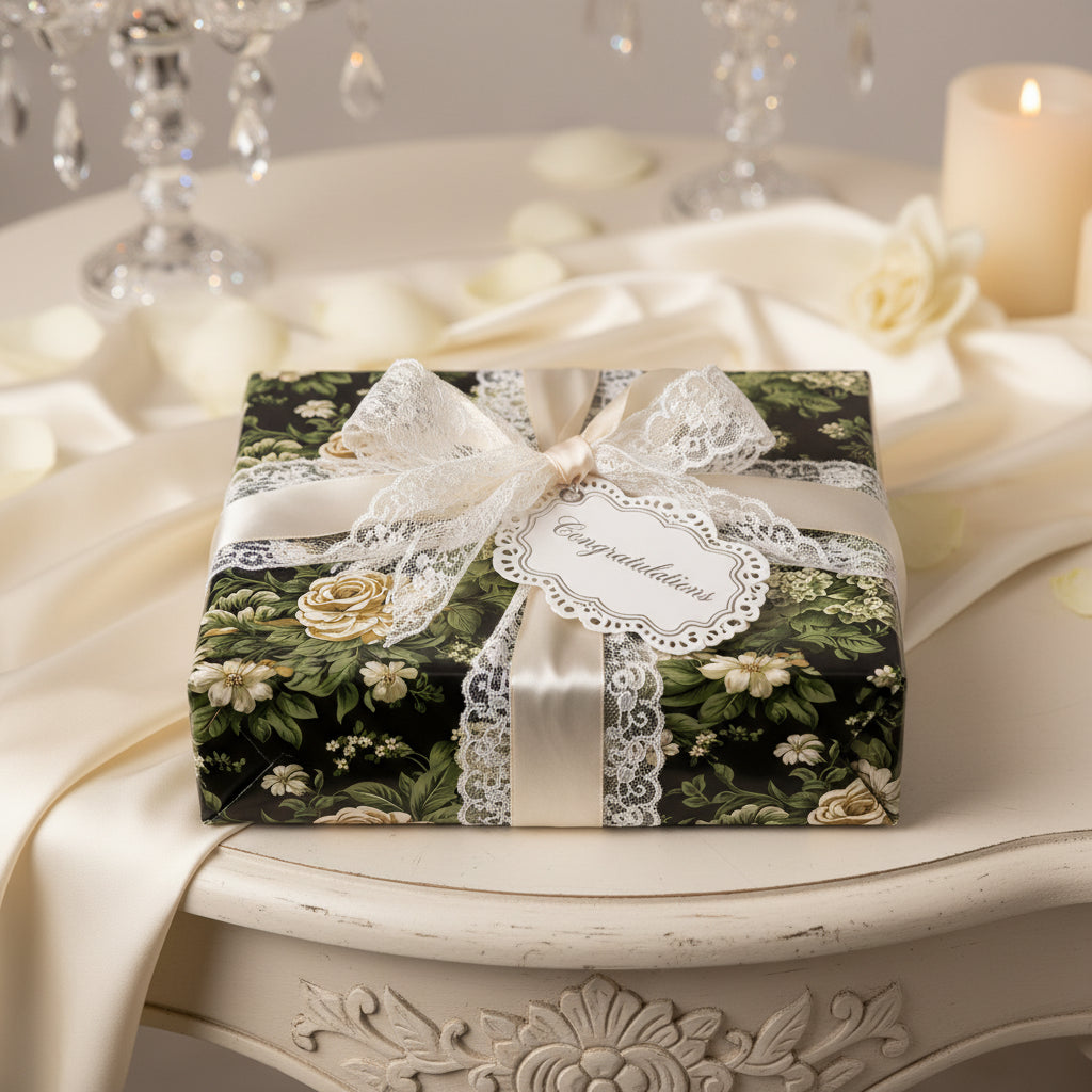 Elegant gift wrapped in floral congratulations wrapping paper with lace ribbon.
