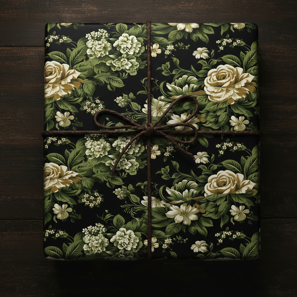 Elegant floral wrapping paper featuring roses and a brown cord bow from Wrapped Studios.