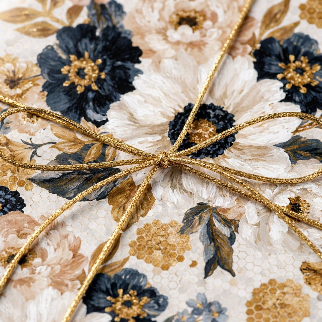 Luxury floral wrapping paper in navy and gold with a metallic bow by Wrapped Studios.