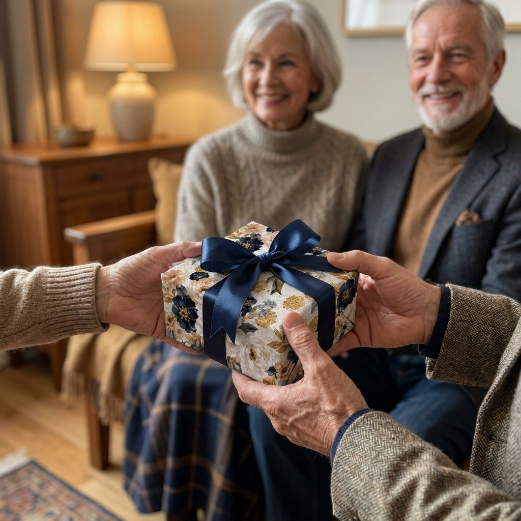 Senior couple receiving a gift in blue vintage floral wrapping paper with a navy bow by Wrapped Studios.