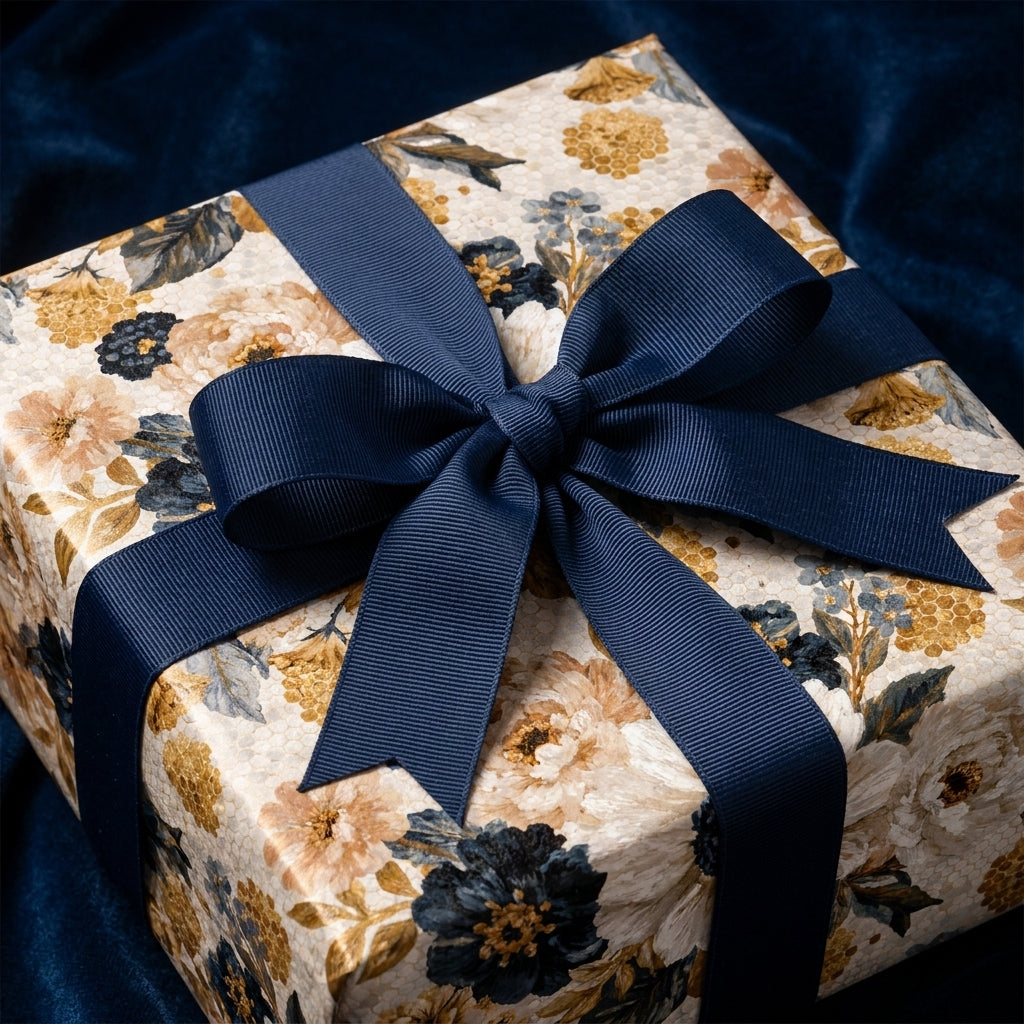 Luxury vintage floral wrapping paper in navy and gold with a navy ribbon bow by Wrapped Studios.