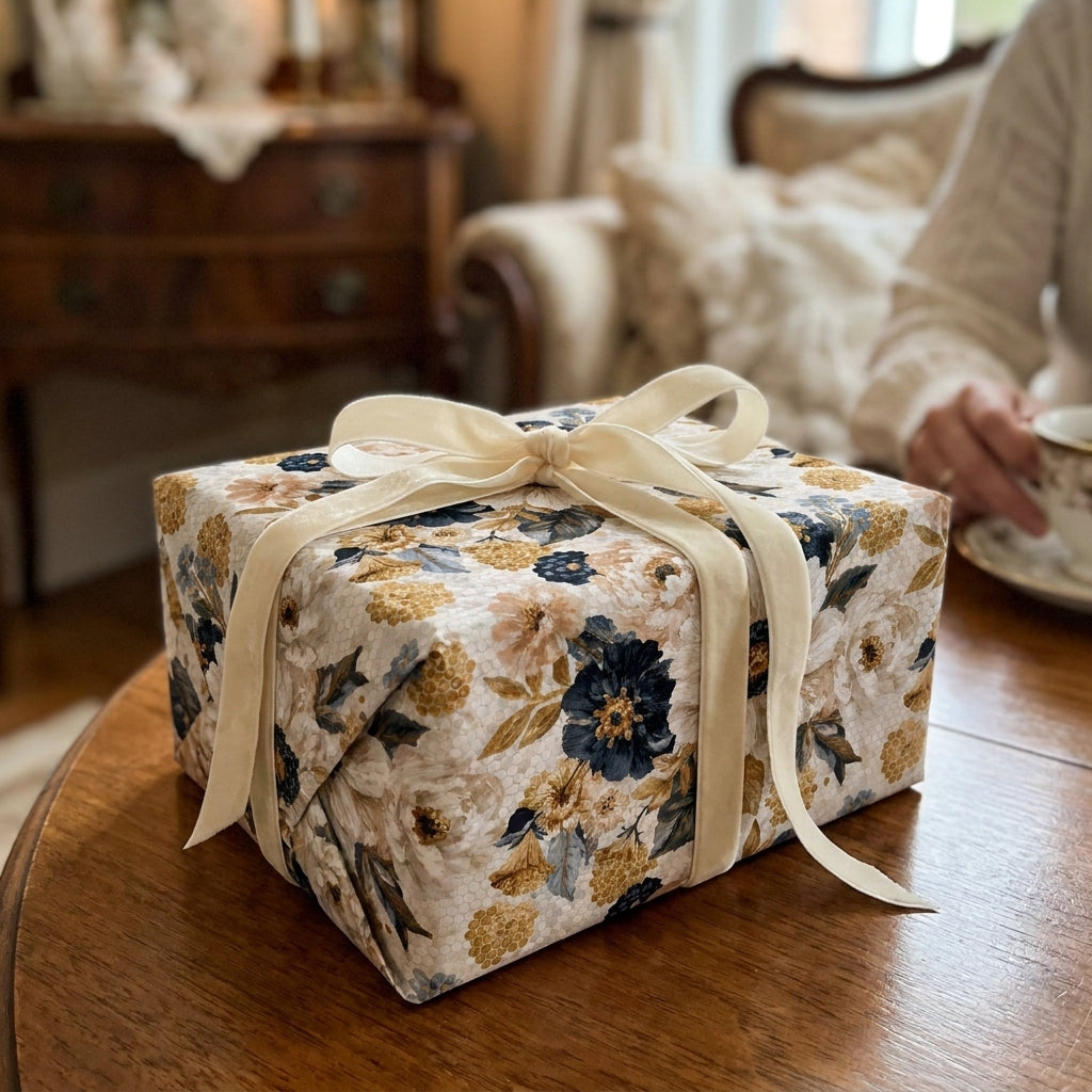 Luxury floral wrapping paper in navy and gold with a cream velvet bow by Wrapped Studios.