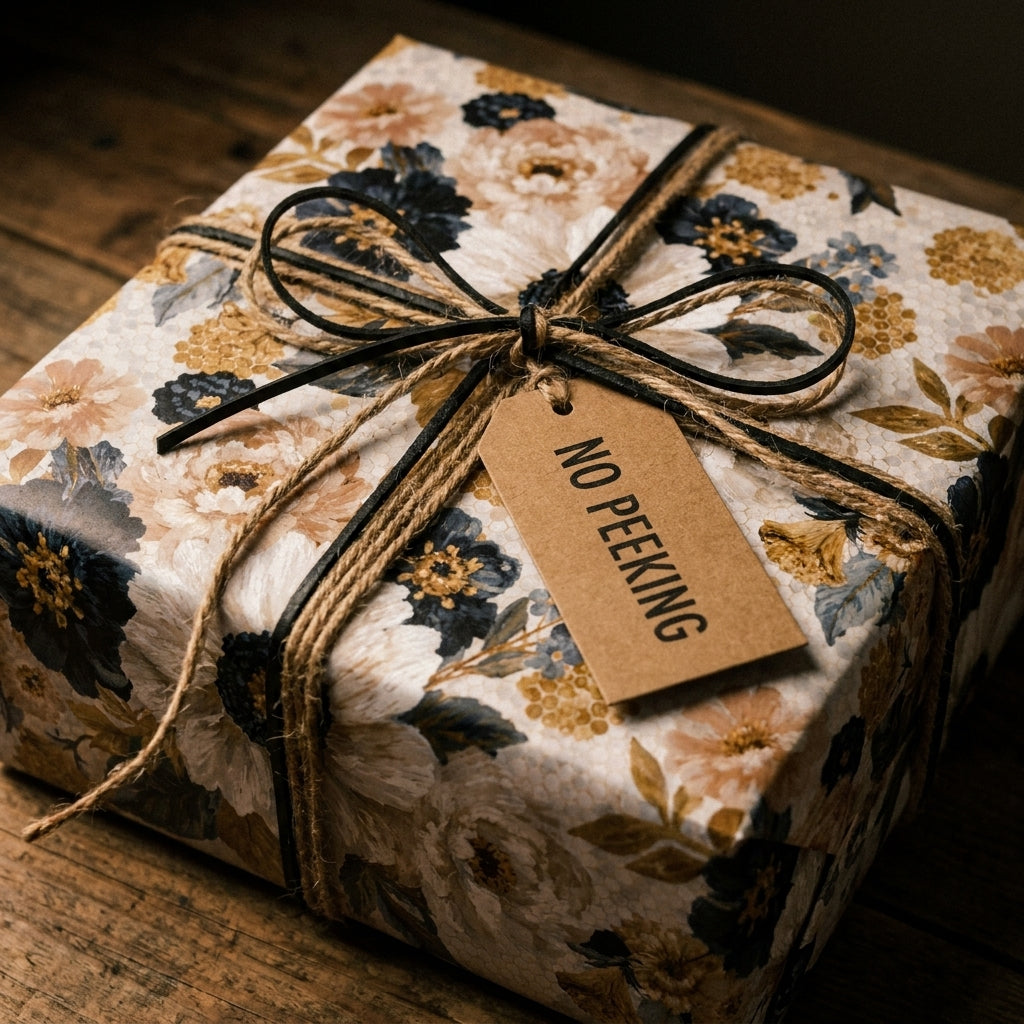 Rustic vintage floral wrapping paper in navy and gold with a No Peeking tag by Wrapped Studios.