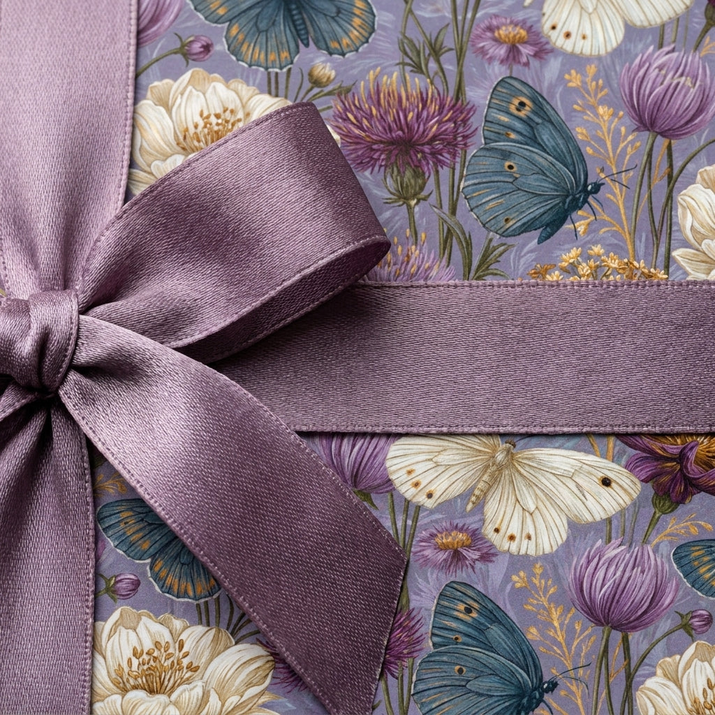 Vintage floral wrapping paper with butterflies and mauve satin ribbon, luxury gift wrap by Wrapped Studios.