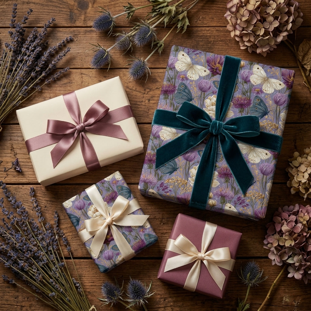 Purple botanical floral wrapping paper with butterfly patterns and velvet ribbons by Wrapped Studios.