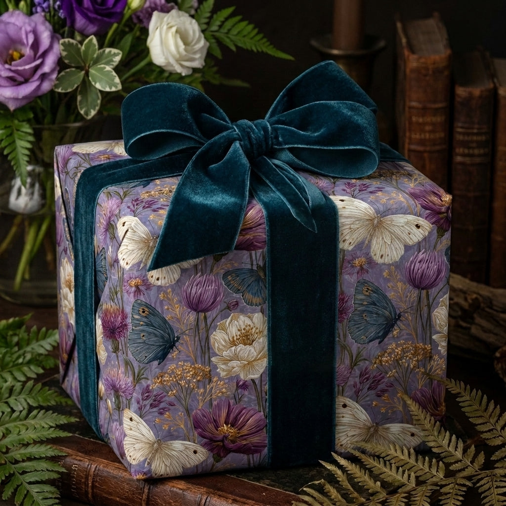 Luxury botanical wrapping paper with purple flowers, butterflies, and velvet ribbon by Wrapped Studios.