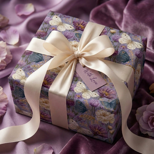 Luxury purple floral wrapping paper with butterflies and cream satin bow by Wrapped Studios.